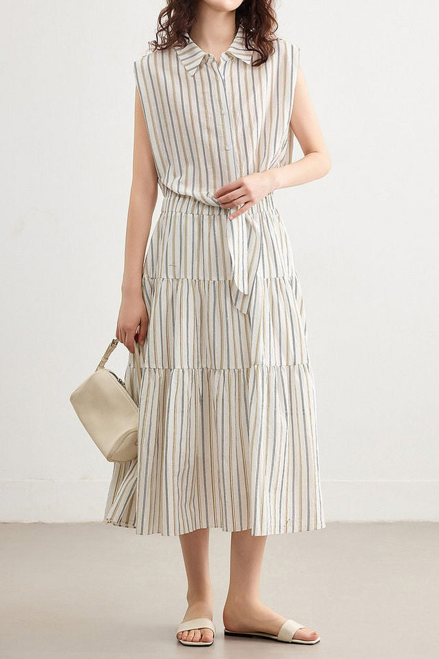 Elegant Commuter Sleeveless Striped Shirt Dress - liwisi