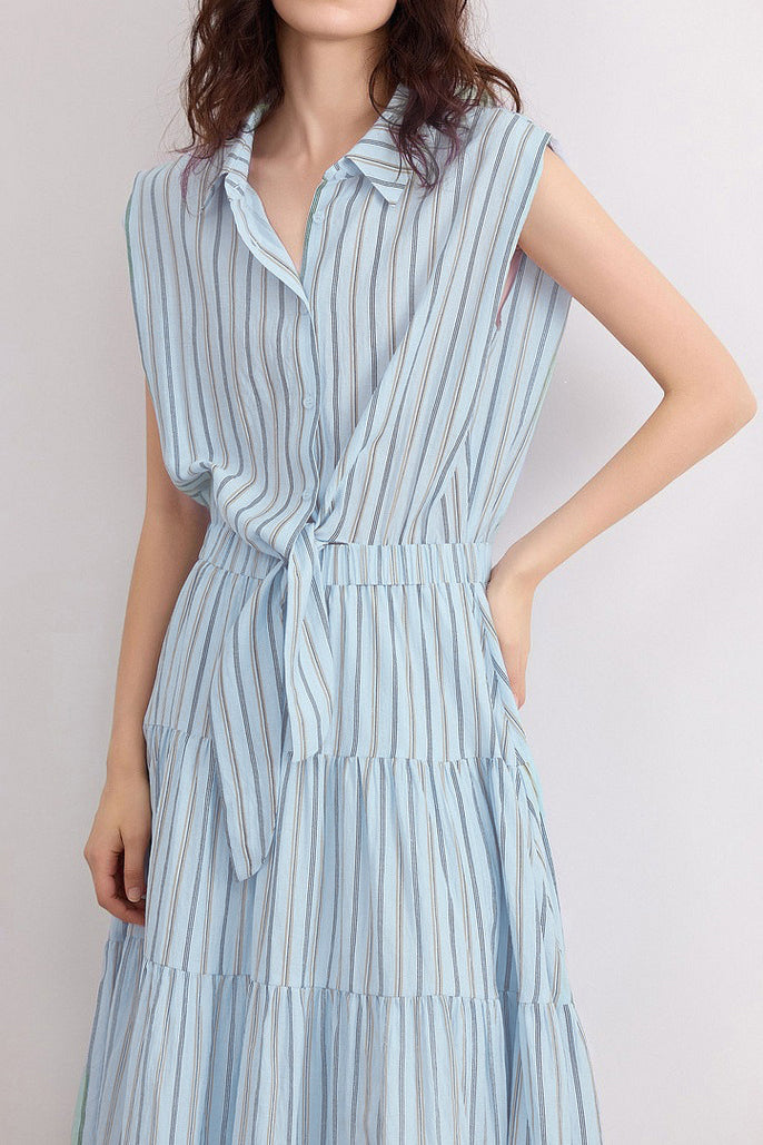 Elegant Commuter Sleeveless Striped Shirt Dress - liwisi