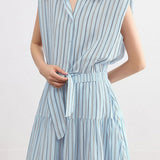 Elegant Commuter Sleeveless Striped Shirt Dress - liwisi