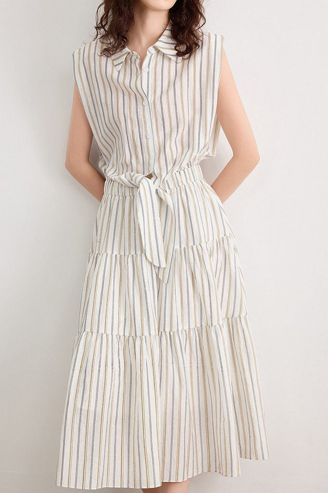 Elegant Commuter Sleeveless Striped Shirt Dress - liwisi