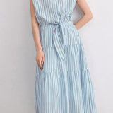 Elegant Commuter Sleeveless Striped Shirt Dress - liwisi