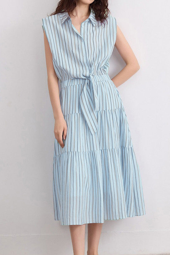 Elegant Commuter Sleeveless Striped Shirt Dress - liwisi