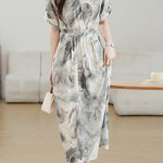 Elegant Commuter V-Neck Ink Wash Printed Dress - liwisi