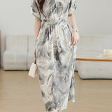 Elegant Commuter V-Neck Ink Wash Printed Dress - liwisi