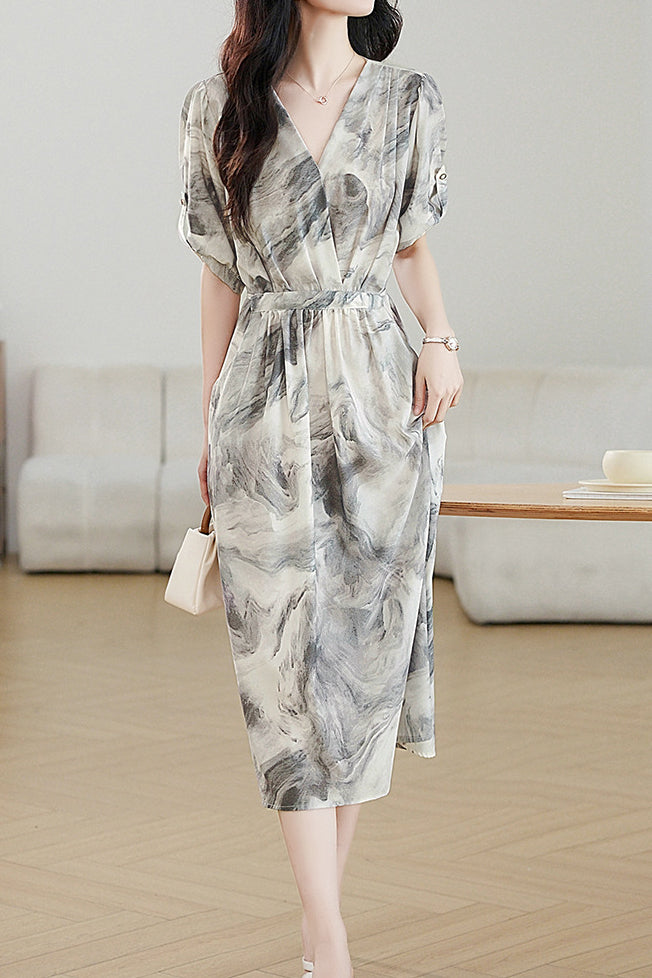Elegant Commuter V-Neck Ink Wash Printed Dress - liwisi