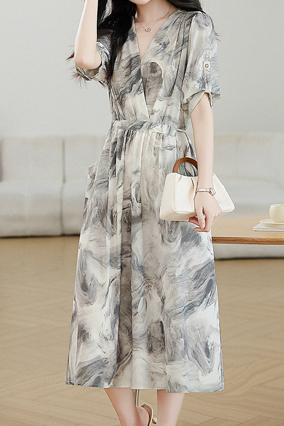 Elegant Commuter V-Neck Ink Wash Printed Dress - liwisi