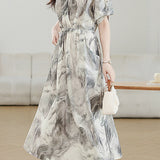 Elegant Commuter V-Neck Ink Wash Printed Dress - liwisi