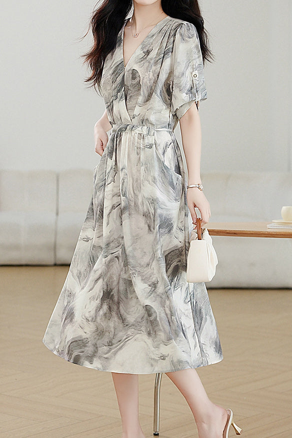 Elegant Commuter V-Neck Ink Wash Printed Dress - liwisi