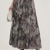 Elegant Commuter Ink Wash Printed Pleated Midi Skirt