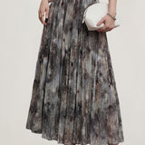 Elegant Commuter Ink Wash Printed Pleated Midi Skirt