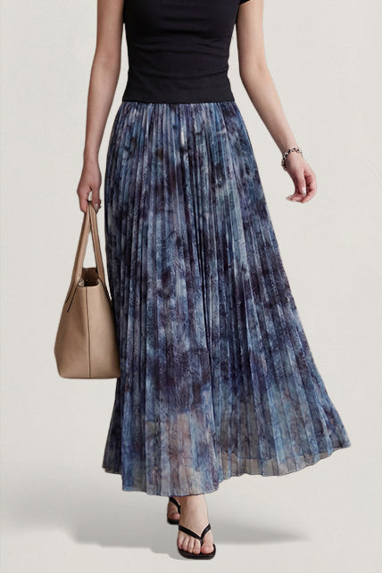 Elegant Commuter Ink Wash Printed Pleated Midi Skirt - liwisi