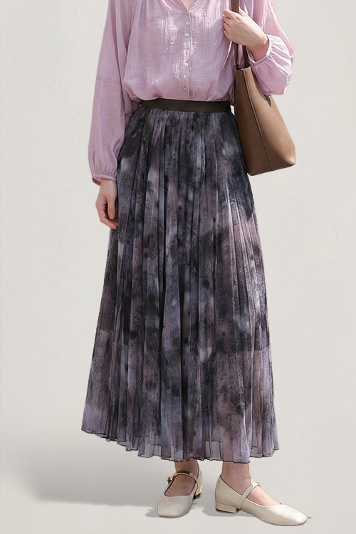 Elegant Commuter Ink Wash Printed Pleated Midi Skirt - liwisi