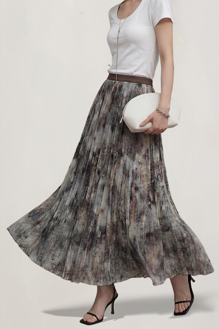 Elegant Commuter Ink Wash Printed Pleated Midi Skirt - liwisi