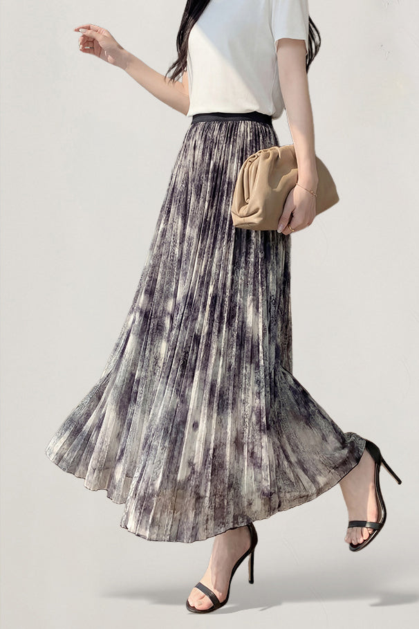 Elegant Commuter Ink Wash Printed Pleated Midi Skirt - liwisi