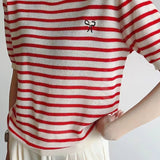 Elegant Commuter Round Neck Striped Knit T-Shirt - liwisi