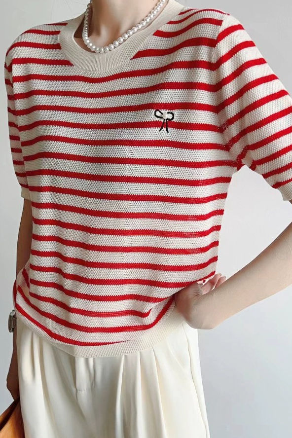 Elegant Commuter Round Neck Striped Knit T-Shirt - liwisi