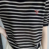 Elegant Commuter Round Neck Striped Knit T-Shirt - liwisi