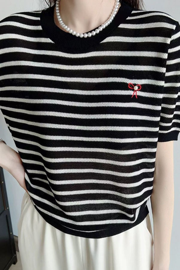 Elegant Commuter Round Neck Striped Knit T-Shirt - liwisi