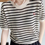 Elegant Commuter Round Neck Striped Knit T-Shirt - liwisi