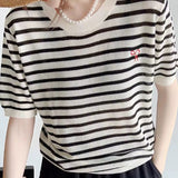 Elegant Commuter Round Neck Striped Knit T-Shirt - liwisi
