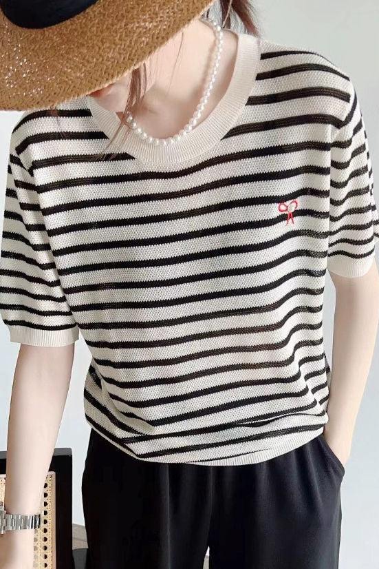 Elegant Commuter Round Neck Striped Knit T-Shirt - liwisi