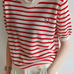 Elegant Commuter Round Neck Striped Knit T-Shirt - liwisi