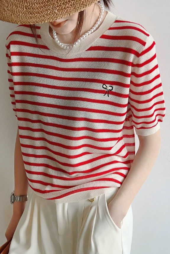 Elegant Commuter Round Neck Striped Knit T-Shirt - liwisi