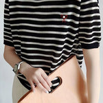 Elegant Commuter Round Neck Striped Knit T-Shirt - liwisi