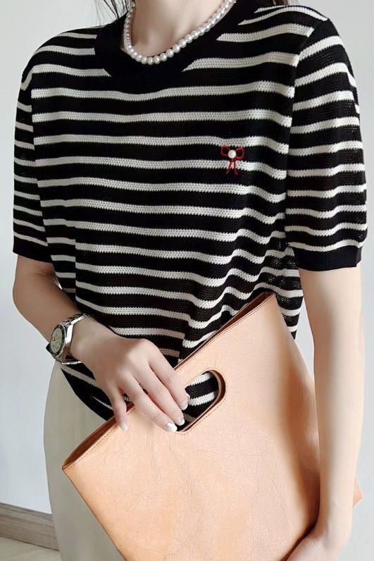 Elegant Commuter Round Neck Striped Knit T-Shirt - liwisi