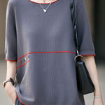 Casual Color Blocked Edge Round Neck Knit T-Shirt - liwisi