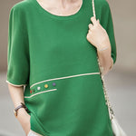 Casual Color Blocked Edge Round Neck Knit T-Shirt - liwisi