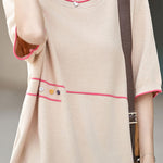 Casual Color Blocked Edge Round Neck Knit T-Shirt - liwisi