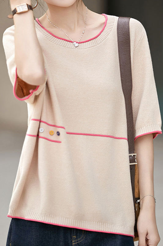 Casual Color Blocked Edge Round Neck Knit T-Shirt - liwisi