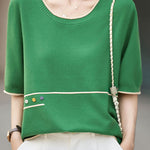 Casual Color Blocked Edge Round Neck Knit T-Shirt - liwisi