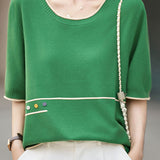 Casual Color Blocked Edge Round Neck Knit T-Shirt - liwisi
