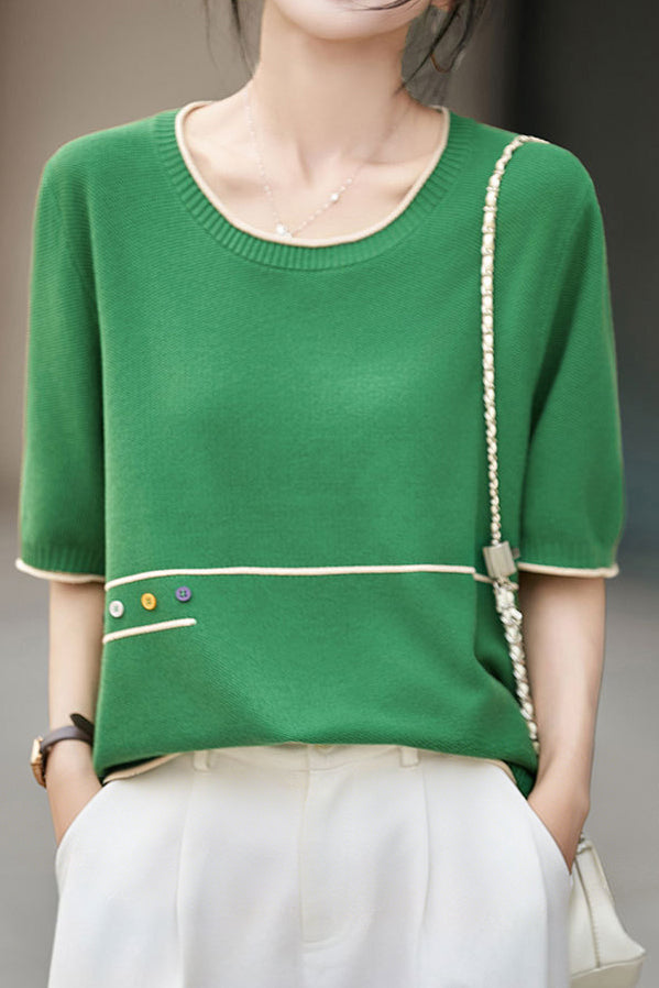 Casual Color Blocked Edge Round Neck Knit T-Shirt - liwisi