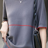 Casual Color Blocked Edge Round Neck Knit T-Shirt - liwisi