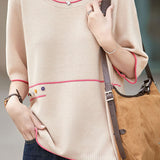 Casual Color Blocked Edge Round Neck Knit T-Shirt - liwisi