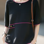 Casual Color Blocked Edge Round Neck Knit T-Shirt - liwisi