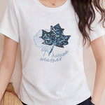 Casual Maple Leaf Sequin Embroidered T-Shirt - liwisi