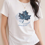 Casual Maple Leaf Sequin Embroidered T-Shirt - liwisi