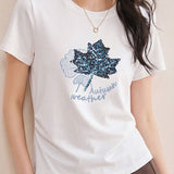 Casual Maple Leaf Sequin Embroidered T-Shirt - liwisi