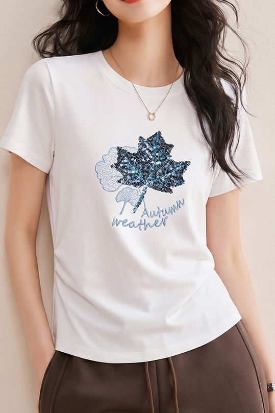 Casual Maple Leaf Sequin Embroidered T-Shirt - liwisi