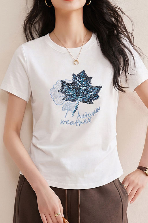 Casual Maple Leaf Sequin Embroidered T-Shirt - liwisi