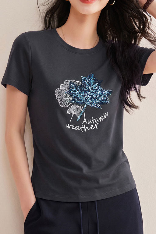 Casual Maple Leaf Sequin Embroidered T-Shirt - liwisi