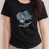 Casual Maple Leaf Sequin Embroidered T-Shirt - liwisi