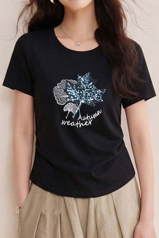 Casual Maple Leaf Sequin Embroidered T-Shirt - liwisi