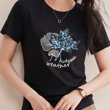 Casual Maple Leaf Sequin Embroidered T-Shirt - liwisi