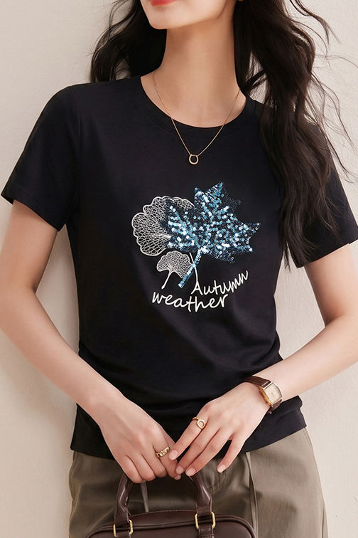 Casual Maple Leaf Sequin Embroidered T-Shirt - liwisi