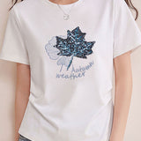 Casual Maple Leaf Sequin Embroidered T-Shirt - liwisi